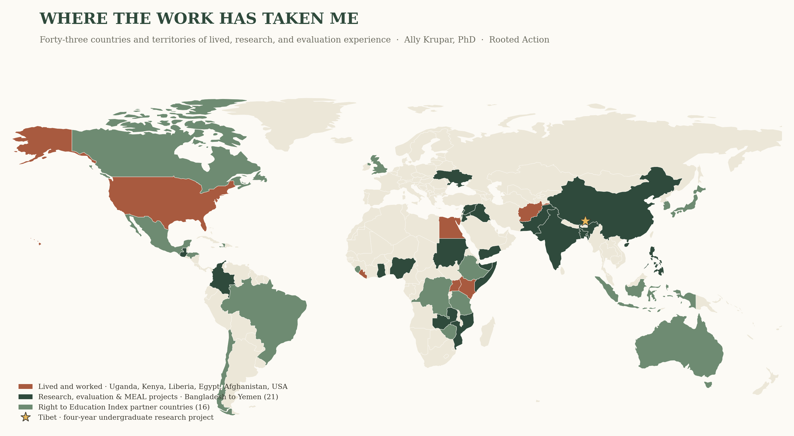 World map showing countries where Ally Krupar has lived, led research and evaluation projects, and supported Right to Education Index partners
